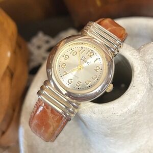 Vivani Quartz Womens Watch‎ Silver Tone Gold Face Brown Leather Cuff Bracelet